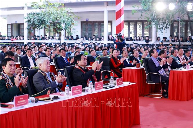 Thủ tướng Phạm Minh Chính dự lễ khởi công Dự án đầu tư cơ sở vật chất cho trường phổ thông vùng cao Việt Bắc, Thái Nguyên. Ảnh: Dương Giang-TTXVN 
