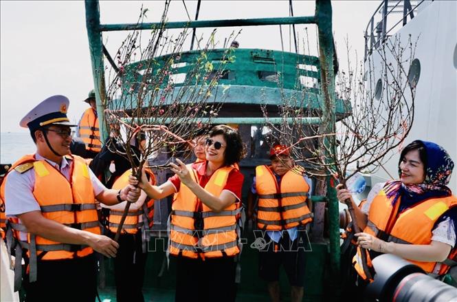 Đoàn công tác chuẩn bị những cành “đào xuân” tặng các lực lượng trên đảo Hòn Khoai. Ảnh: Trần Việt - TTXVN 