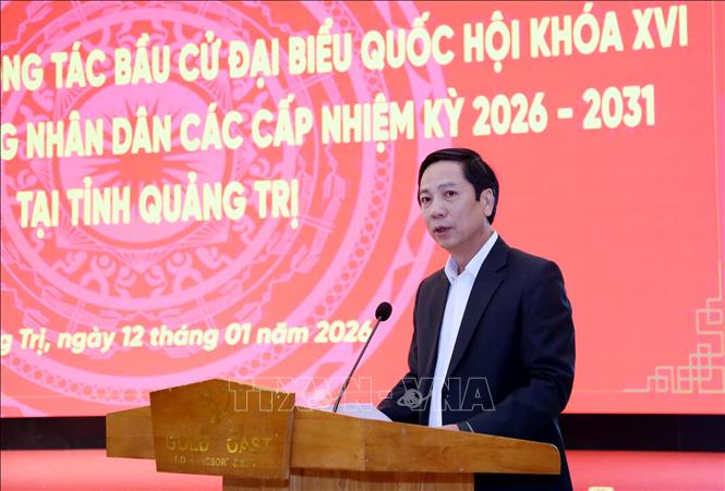 Phó Chủ tịch Thường trực UBND tỉnh Quảng Trị Hoàng Nam báo cáo tình hình triển khai công tác bầu cử của tỉnh Quảng Trị tại hội nghị. Ảnh: Tá Chuyên - TTXVN