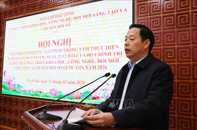 Chủ tịch UBND tỉnh Lai Châu Hà Quang Trung phát biểu kết luận Hội nghị. Ảnh: Nguyễn Oanh-TTXVN.