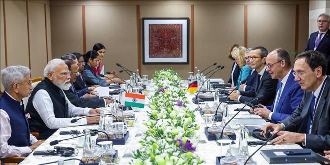 Thủ tướng Ấn Độ Narendra Modi và Thủ tướng Đức Friedrich Merz tại cuộc hội đàm ở Ahmedabad, Ấn Độ, ngày 12/1/2026. Ảnh: ANI/TTXVN