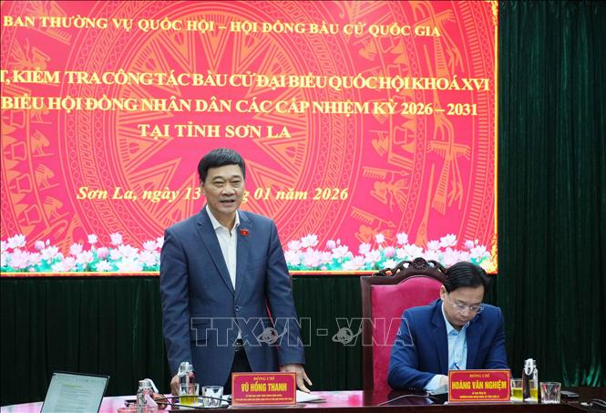 Phó Chủ tịch Quốc hội Vũ Hồng Thanh, Trưởng Đoàn giám sát, kiểm tra của Ủy ban Thường vụ Quốc hội - Hội đồng bầu cử Quốc gia, phát biểu chỉ đạo tại buổi làm việc. Ảnh: Nguyễn Cường - TTXVN