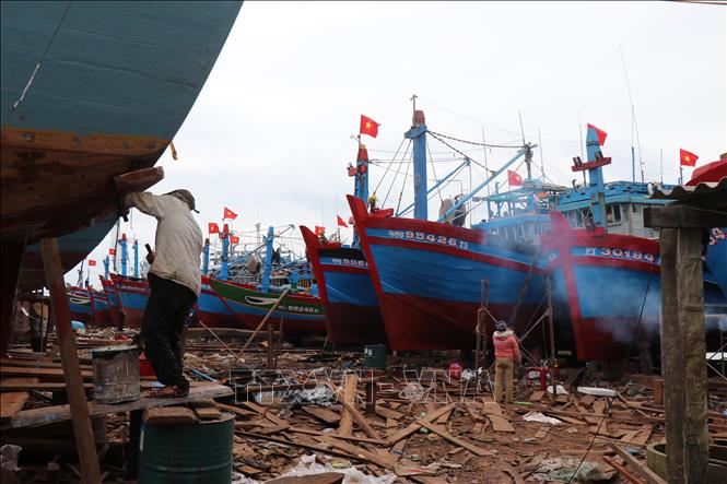 Ngư dân Quảng Ngãi đóng mới cải hoán tàu cá tái cơ cấu đội tàu theo hướng hiện đại. Ảnh: Phạm Cường-TTXVN

 