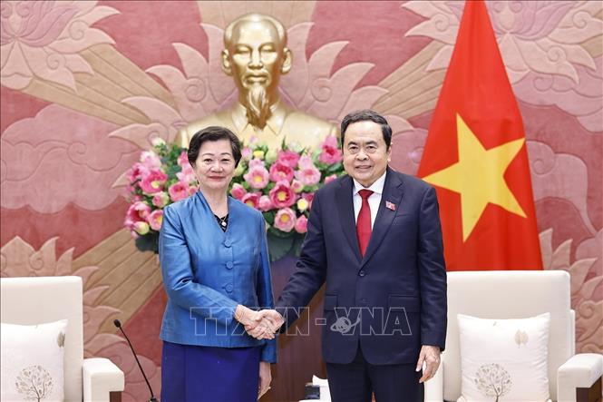Chủ tịch Quốc hội Trần Thanh Mẫn tiếp Đại sứ Vương quốc Campuchia tại Việt Nam Chea Kimtha đến chào từ biệt nhân dịp kết thúc nhiệm kỳ công tác. Ảnh: Doãn Tấn - TTXVN