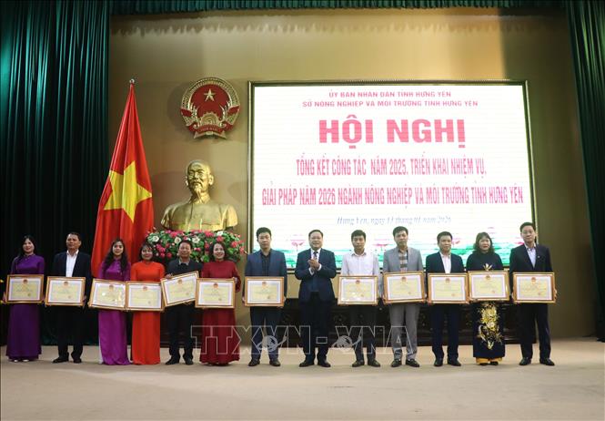 Lãnh đạo Sở Nông nghiệp và Môi trường tỉnh Hưng Yên trao bằng khen của UBND tỉnh Hưng Yên cho các cá nhân có thành tích xuất sắc trong công tác nông nghiệp và môi trường năm 2025. Ảnh: Mạnh Khánh-TTXVN
