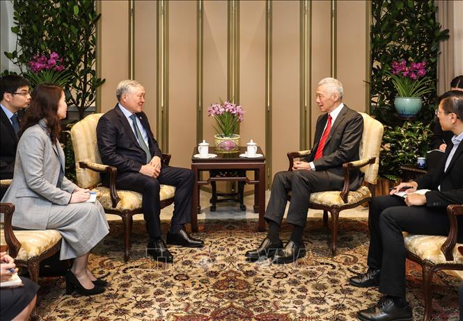 Permanent Deputy Prime Minister Nguyen Hoa Binh at a meeting with Singaporean Senior Minister Lee Hsien Loong. VNA Photo/MDDI