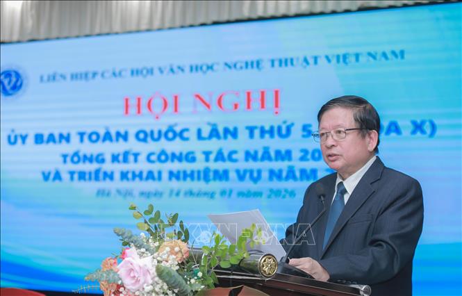 PGS.TS, Nhạc sĩ Đỗ Hồng Quân, Chủ tịch Liên hiệp các Hội Văn học nghệ thuật Việt Nam phát biểu. Ảnh: Phan Phương -TTXVN