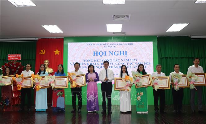 Đại diện lãnh đạo thành phố Cần Thơ tặng Bằng khen của Thủ tướng Chính phủ cho 12 cá nhân có thành tích xuất sắc. Ảnh: Thu Hiền - TTXVN