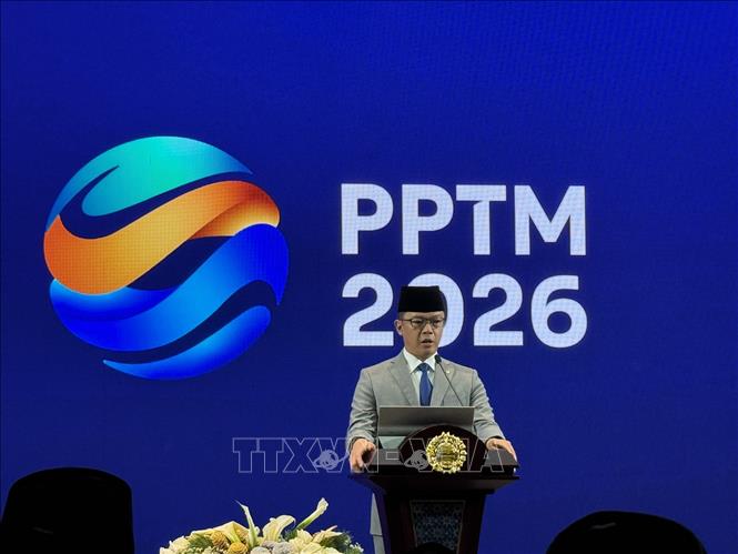 Bộ trưởng Ngoại giao Indonesia, ông Sugiono ra Tuyên bố báo chí thường niên năm 2026 tại Jakarta ngày 14/1/2026. Ảnh: Đỗ Quyên – PV TTXVN tại Indonesia