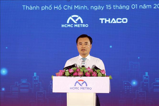 Phó Chủ tịch UBND Thành phố Hồ Chí Minh Bùi Xuân Cường phát biểu tại lễ khởi công dự án metro Bến Thành - Tham Lương. Ảnh: Tiến Lực - TTXVN