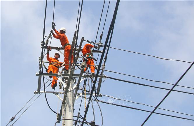 Nhân viên Công ty Điện lực thành phố Cần Thơ duy tu, thay thế thiết bị phục vụ truyền dẫn điện nhằm tránh thất thoát điện năng tại xã Hỏa Lựu, thành phố Cần Thơ. Ảnh: Duy Khương – TTXVN