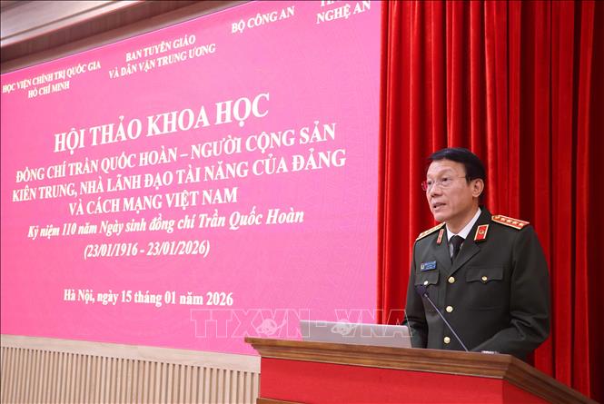 Đại tướng Lương Tam Quang, Ủy viên Bộ Chính trị, Bộ trưởng Bộ Công an phát biểu tổng kết hội thảo. Ảnh: Văn Điệp – TTXVN