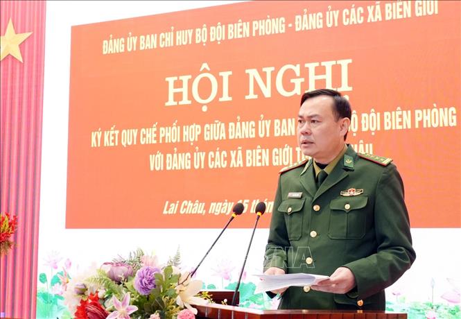Chủ nhiệm Chính trị Ban Chỉ huy Bộ đội Biên phòng tỉnh Lai Châu, Đại tá Mai Thăng Long phát biểu. Ảnh: Quý Trung – TTXVN