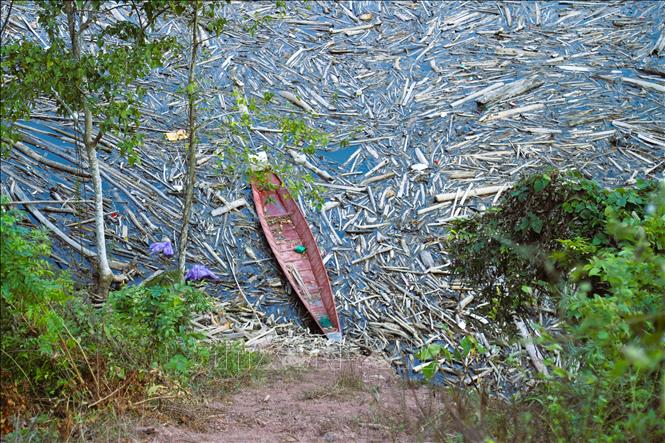 Xuồng nhỏ gắn động cơ công suất nhỏ của người dân xã Nhôn Mai (tỉnh Nghệ An) ở các bản ven sông Nậm Nơn bị bủa vây bởi rác, thân gỗ và ngừng hoạt động từ nhiều tháng qua. Ảnh: Xuân Tiến - TTXVN 