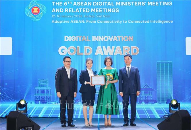 Giải Vàng hạng mục Đổi mới kỹ thuật số ( Digital Innovation) - Giải thưởng Số ASEAN 2026 được trao cho Ngân hàng TMCP Ngoại thương Việt Nam (Vietcombank). Ảnh: Hoàng Hiếu - TTXVN