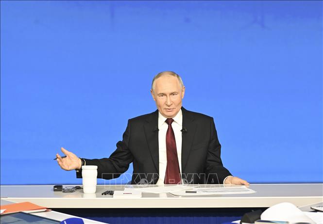 Tổng thống Nga Vladimir Putin trong cuộc họp báo cuối năm tại Moskva, ngày 19/12/2025. Ảnh: THX/TTXVN