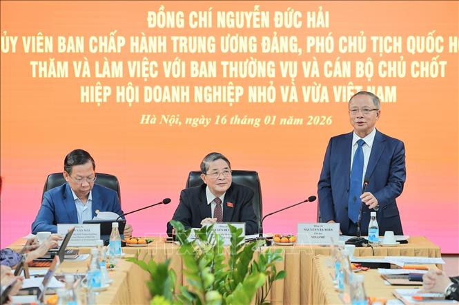 Đ/c Nguyễn Văn Thân, Chủ tịch Hiệp hội Doanh nghiệp nhỏ và vừa Việt Nam phát biểu tại buổi làm việc. Ảnh: Lê Đông - TTXVN