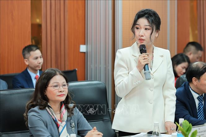 Bà Nguyễn Bảo Uyên, Phó Chủ tịch HĐQT Tổng Công ty cổ phần Hợp Lực đề xuất kiến nghị tại buổi làm việc. Ảnh: Lê Đông - TTXVN