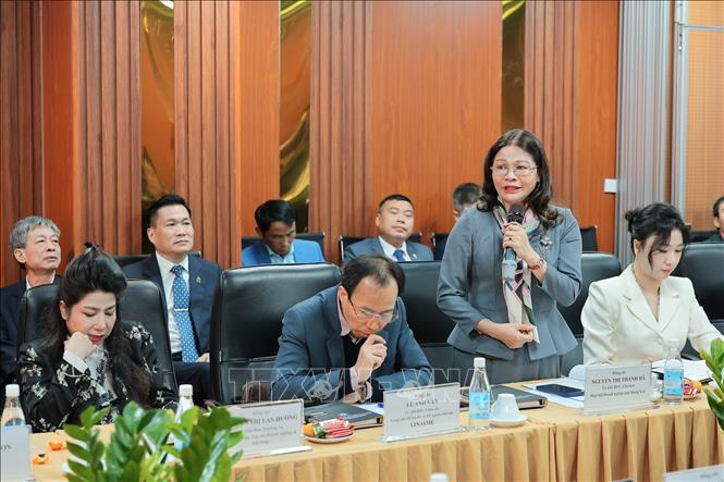 Nguyễn Thị Thanh Hà, Uỷ viên BTV, Chủ tịch Hiệp hội Doanh nghiệp tỉnh Hưng Yên đề xuất kiến nghị tại buổi làm việc. Ảnh: Lê Đông - TTXVN