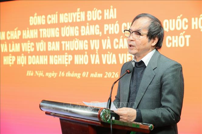 Đ/c Tô Hoài Nam, Phó Chủ tịch Thường trực, Tổng Thư ký Hiệp hội Doanh nghiệp nhỏ và vừa Việt Nam phát biểu tại buổi làm việc. Ảnh: Lê Đông - TTXVN