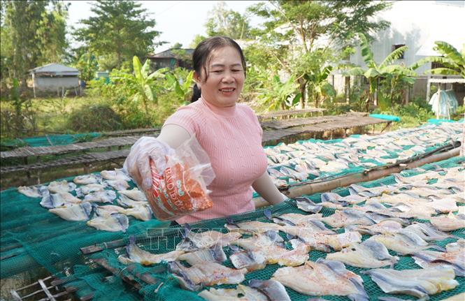 Rắc thêm ớt xay khi phơi nắng nhằm gia tăng hương vị cho cá khô. Ảnh: Nhựt An - TTXVN