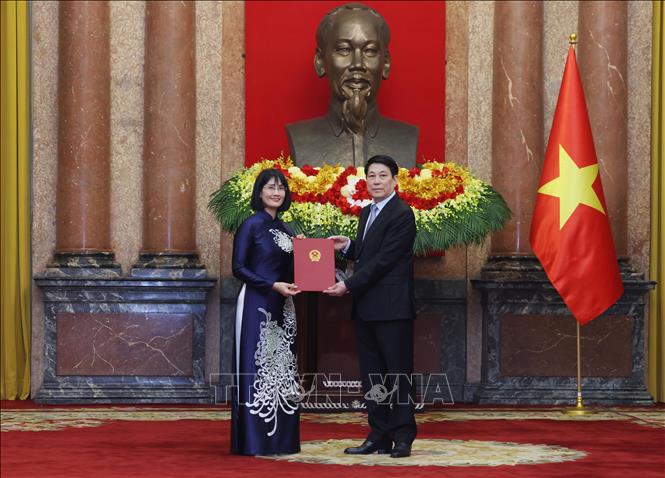 Chủ tịch nước Lương Cường trao quyết định bổ nhiệm Đại sứ đặc mệnh toàn quyền Việt Nam nhiệm kỳ 2025 – 2028 đối với đồng chí Nguyễn Phương Anh. Ảnh: Lâm Khánh - TTXVN