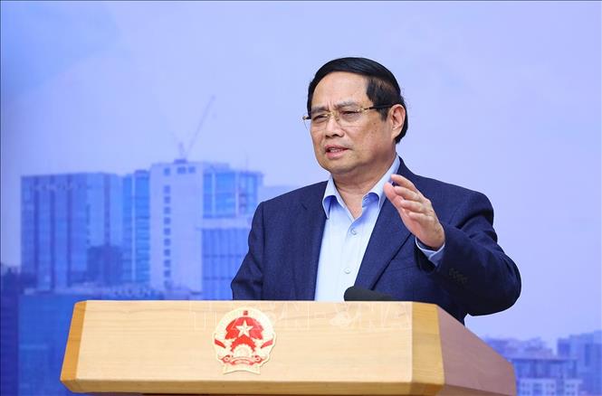 Thủ tướng Phạm Minh Chính, Trưởng Ban Chỉ đạo Trung tâm Tài chính quốc tế tại Việt Nam kết luận phiên họp thứ nhất của Ban Chỉ đạo. Ảnh: Dương Giang-TTXVN