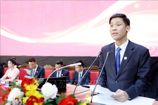 Chủ tịch Hội Doanh nhân trẻ tỉnh Hưng Yên Nguyễn Như Kiên phát biểu tại Đại hội. Ảnh: Thế Duyệt – TTXVN
