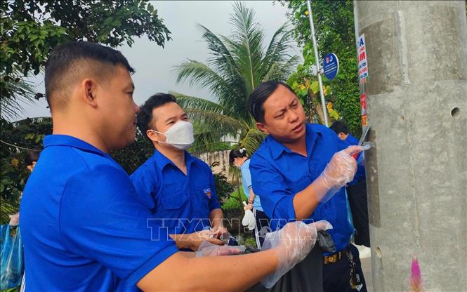 Đàng viên thanh niên xã Mỹ Lộc, tỉnh Tây Ninh gỡ bỏ giấy quảng cáo trên cột điện. Ảnh: TTXVN phát