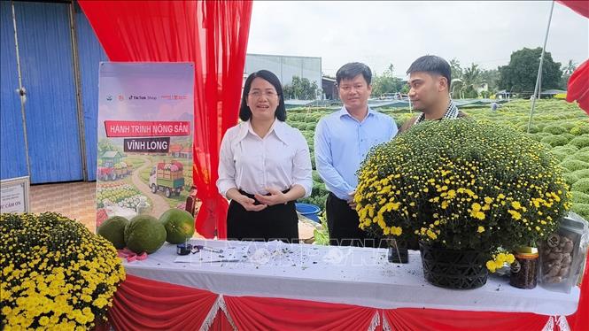 Lãnh đạo xã Chợ Lách, tỉnh Vĩnh Long tham gia phát sóng bán hàng trực tiếp cho sản phẩm tại địa phương. Ảnh: Huỳnh Phúc Hậu - TTXVN