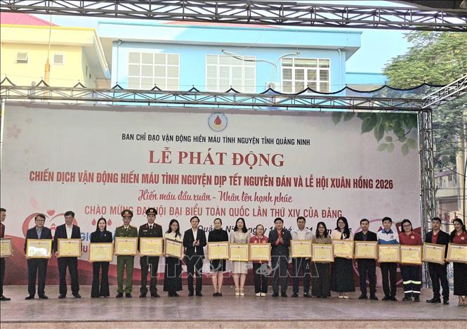 Các cá nhân được Chủ tịch UBND tỉnh Quảng Ninh tặng Bằng khen vì có thành tích xuất sắc trong phong trào hiến máu cứu người.  Ảnh: Thanh Vân-TTXVN 