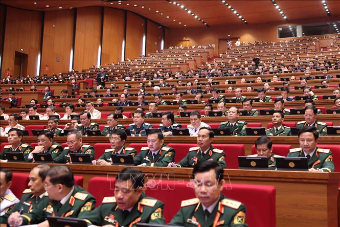 Đoàn đại biểu Đảng bộ Quân đội tham dự phiên họp trù bị Đại hội XIV của Đảng. Ảnh: TTXVN
