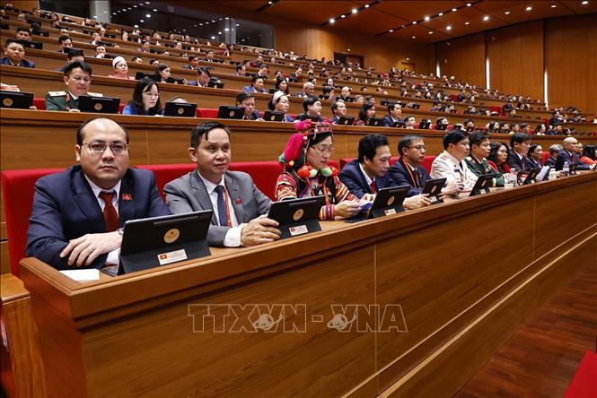 Đoàn đại biểu Đảng bộ tỉnh Điện Biên tham dự phiên khai mạc Đại hội XIV của Đảng. Ảnh: TTXVN