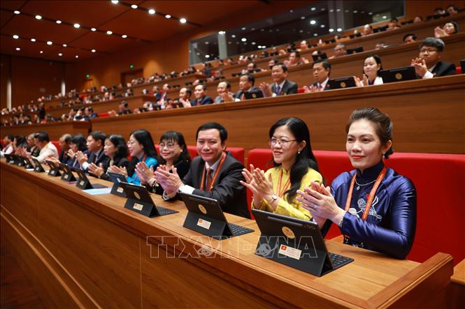 Đoàn đại biểu Đảng bộ tỉnh Đồng Tháp tham dự phiên khai mạc Đại hội XIV của Đảng. Ảnh: TTXVN 