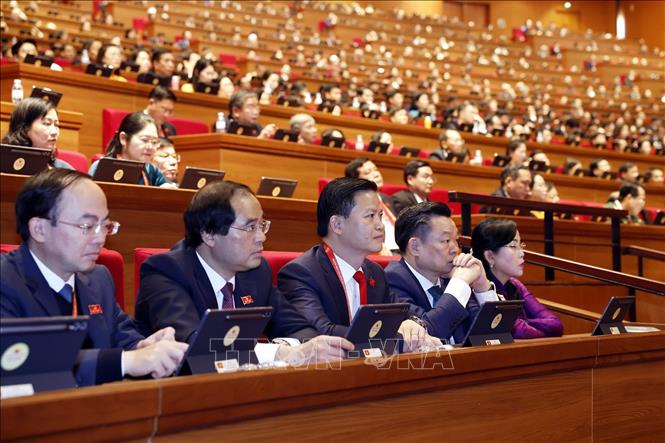 Đoàn đại biểu Đảng bộ tỉnh Thái Nguyên tham dự phiên khai mạc Đại hội XIV của Đảng. Ảnh: TTXVN