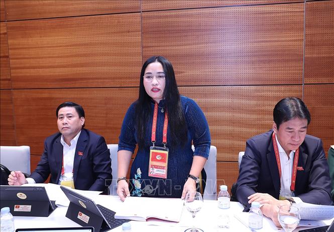 Đại biểu Chamaléa Thị Thuỷ, Đoàn đại biểu Đảng bộ tỉnh Khánh Hoà thảo luận các văn kiện Đại hội. Ảnh: TTXVN