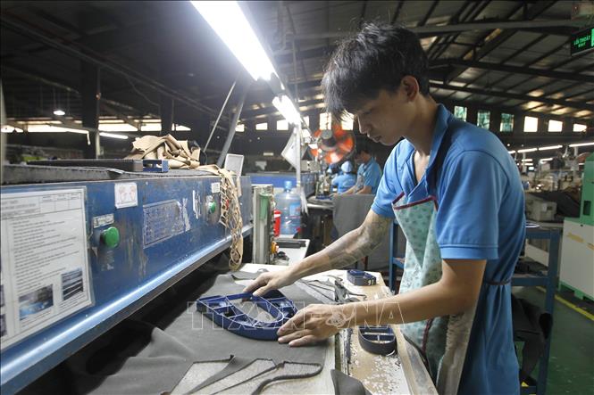 Công nhân sản xuất giày tại Công ty TNHH Thương mại giày da Giang Phạm, phường An Phú, Thành phố Hồ Chí Minh. Ảnh: Thanh Vũ - TTXVN