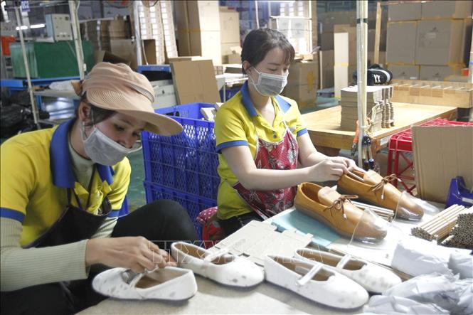Công nhân lao động sản xuất giày tại Công ty TNHH Thương mại giày da Giang Phạm, phường An Phú, Thành phố Hồ Chí Minh. Ảnh: Thanh Vũ - TTXVN
