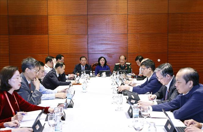 Đoàn đại biểu Đảng bộ Mặt trận Tổ quốc, các đoàn thể Trung ương thảo luận các văn kiện Đại hội tại Đoàn. Ảnh: TTXVN