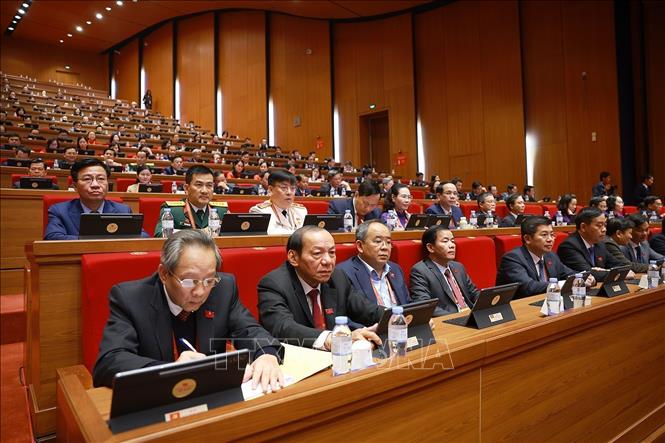 A delegation from Quang Tri Provincial Party Committee attends the plenary discussion on Congress documents. VNA Photo 