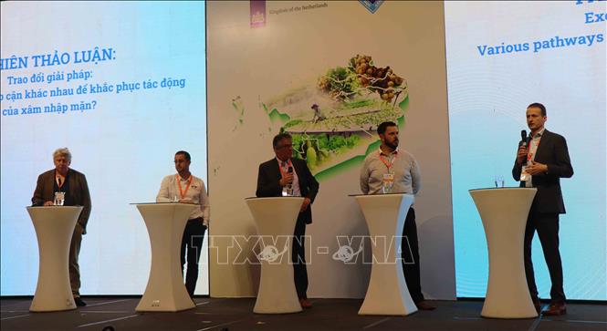 Đại diện khối công và tư từ Vương quốc Hà Lan chia sẻ những hướng tiếp cận khác nhau để khắc phục tác động của xâm nhập mặn. Ảnh: Thu Hiền - TTXVN