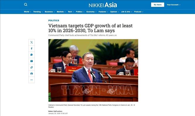 Báo Nikkei Asia chiều 20/1 đăng bài về Đại hội Đảng lần thứ XIV. Ảnh chụp màn hình
