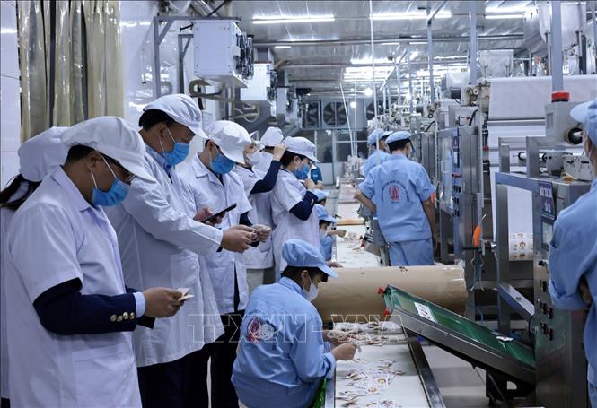 Đoàn kiểm tra một đơn vị sản xuất thực phẩm Trường An, An Khánh, Hà Nội. Ảnh: Trần Việt - TTXVN