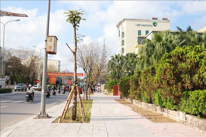 Nhiều đoạn vỉa hè đã hoàn thiện các hạng mục chính. Ảnh: Tường Vi - TTXVN