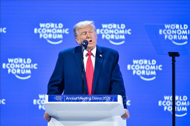 Tổng thống Mỹ Donald Trump phát biểu tại hội nghị Diễn đàn Kinh tế Thế giới (WEF) ở Davos, Thụy Sĩ, ngày 21/1/2026. Ảnh: THX/TTXVN