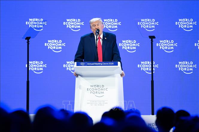 Tổng thống Mỹ Donald Trump phát biểu tại hội nghị Diễn đàn Kinh tế Thế giới (WEF) ở Davos, Thụy Sĩ, ngày 21/1/2026. Ảnh: THX/TTXVN