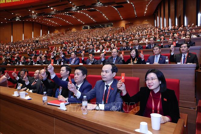 Đại biểu Đảng bộ tỉnh Hà Tĩnh biểu quyết thông qua đề án nhân sự Đại hội XIV của Đảng. Ảnh: TTXVN