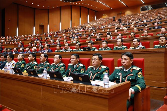 Đoàn đại biểu Đảng bộ Quân đội dự Đại hội, chiều 22/1. Ảnh: TTXVN
