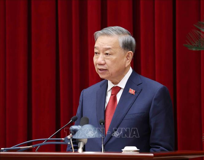 Tổng Bí thư Tô Lâm phát biểu bế mạc Hội nghị lần thứ nhất Ban Chấp hành Trung ương Đảng khóa XIV. Ảnh: TTXVN