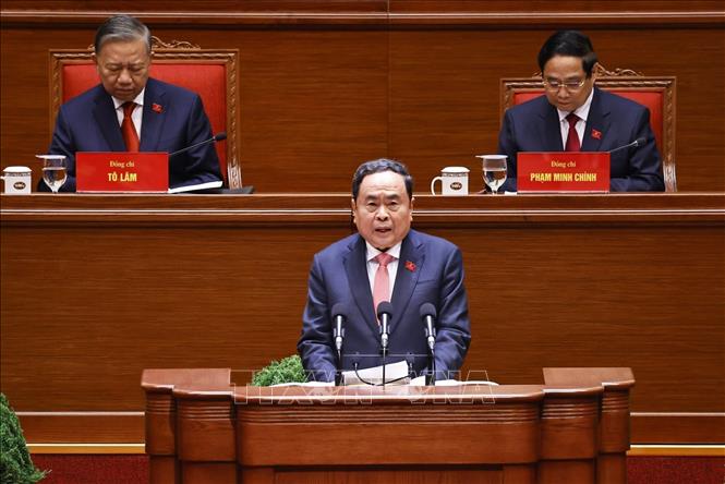 Chairman of the National Assembly Tran Thanh Man speaks at the closing ceremony of the 14th National Congress of the Communist Party of Vietnam. VNA Photo